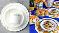 Left: A set of golden dinnerware from Honeycomb Studio. Right: A brunch featuring William Sonoma dinnerware.