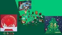 Assorted advent calendars in front of green background.