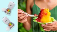 (left) Two shaved ice makers against a blue background. (right) A person takes a spoonful of shaved ice.