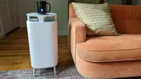 A standing air purifier placed in a living room next to a sofa.