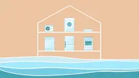 Cartoon graphic of household appliances inside of home with sea levels rising outside.