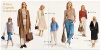 Magazine spread with a blonde woman modeling 7 different winter outfits in beige, blue, black, and red