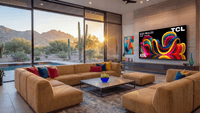 A living room setting with a bright TV on the wall