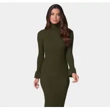knee length dresses for ladies Floral Applique Lantern Sleeve Chiffon Formal Dress Green / L main image 0