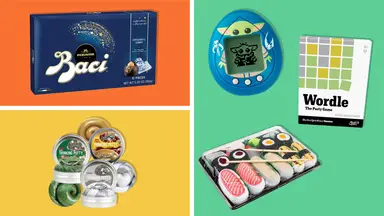 Top left: Perugina Chocolates on orange background. Bottom left: Crazy Aaron's Thinking Putty on yellow background. Right: Star Wars Tamagotchi, Wordle Party Game, and Sushi socks on green background.