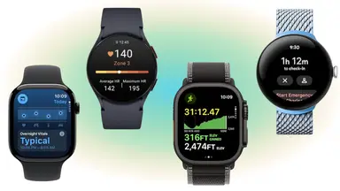 Four smart watches on a green glowing background