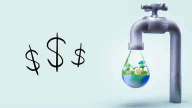A water faucet dripping a large drop filled with a home