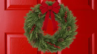 a red door with an evergreen holiday wreath