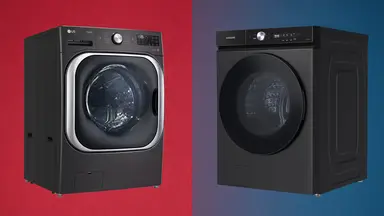 An LG washer on a red background and a Samsung washer on a blue background