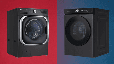An LG washer on a red background and a Samsung washer on a blue background