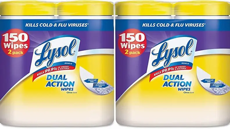 Two 2-packs of Lysol wipes.
