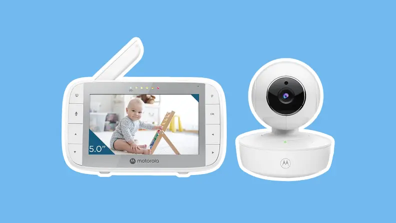 The Motorola VM36XL baby monitor on a blue background.