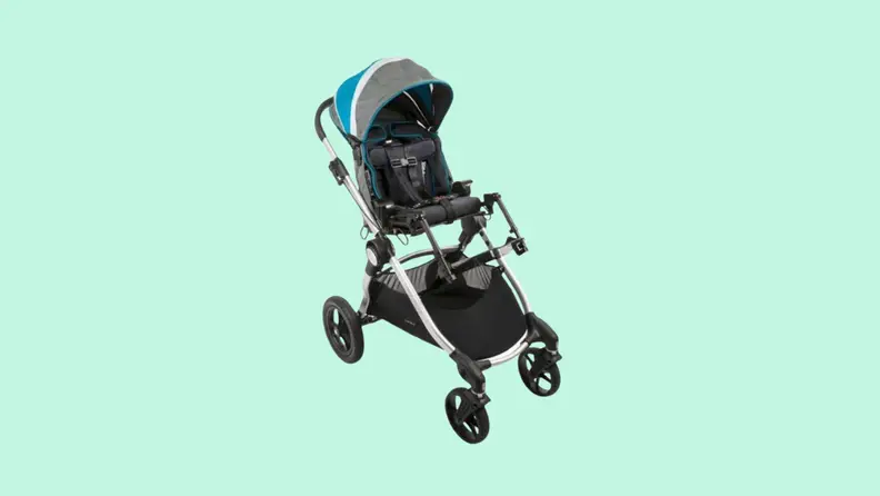 Angled view of the Zippie Voyage in blue and black.