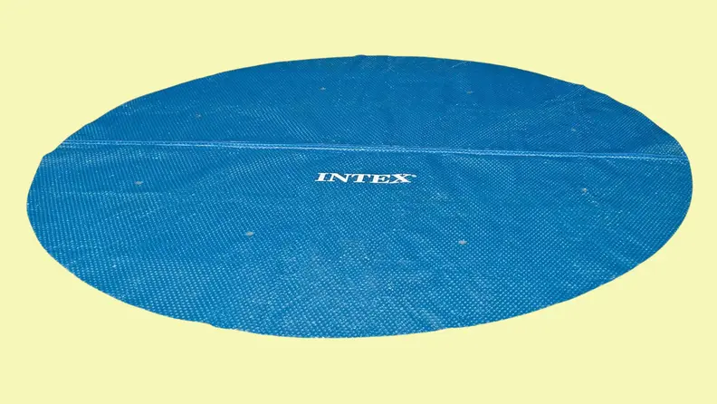 A circular, blue pool cover from Intex appears on a white background.
