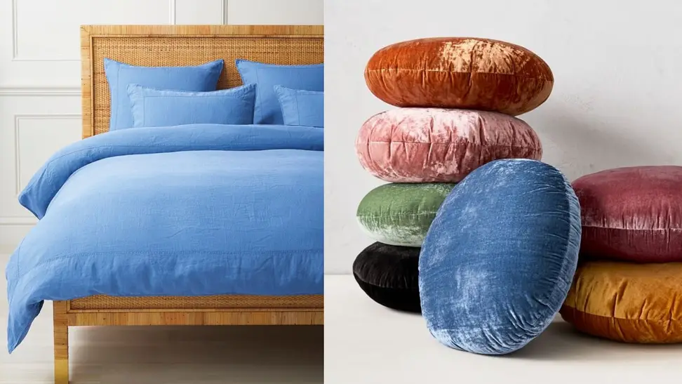 Left: Blue Linen Duvet Cover; Right: Round velvet Pillows