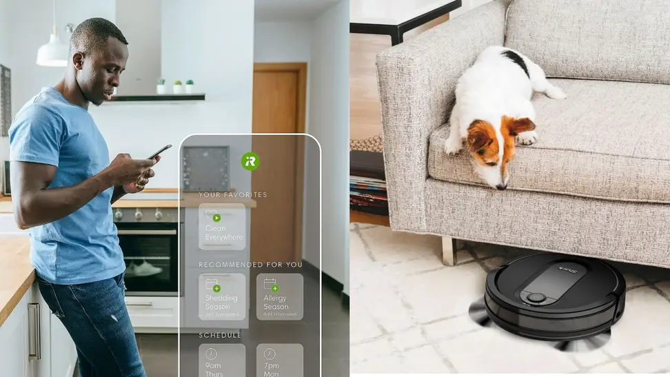 Left: Man holding phone looking at robot vacuum app; Right: Dog looking at robot vacuum
