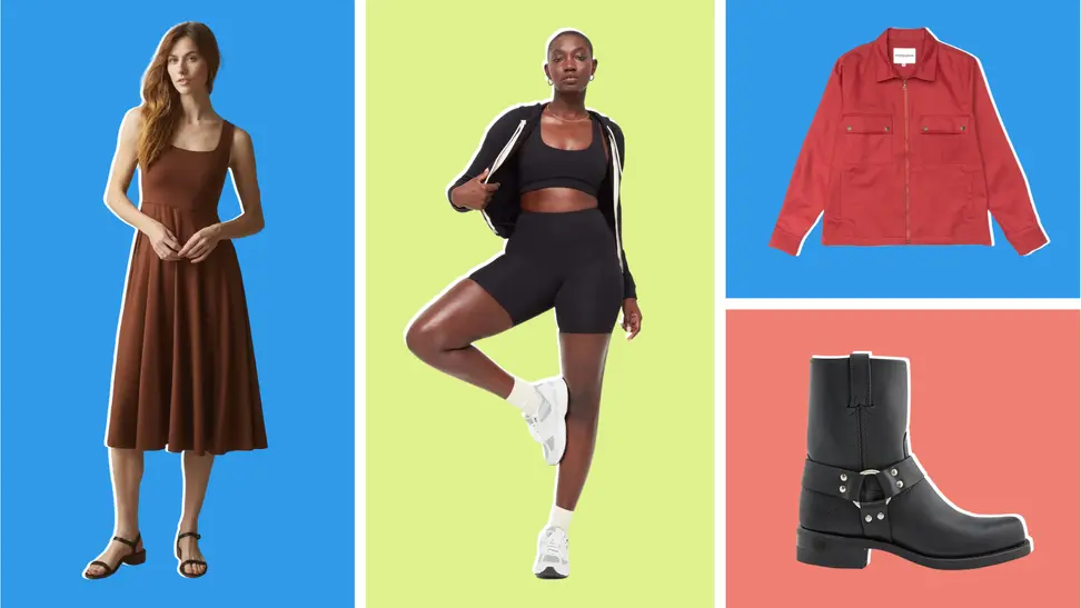 A brown dress, a matching athleisure set, a red jacket, and a black leather boot.