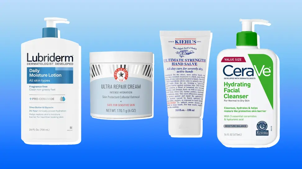 Collage of four skincare products against a blue background.