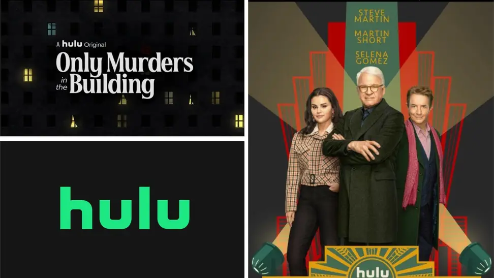 A series of graphics from the TV show "Only Murders in the Building" near the Hulu logo.