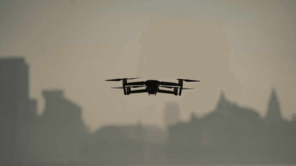 A drone hovers in the skies above Liverpool.